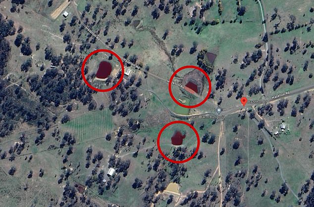 The owner of the Bungonia property, who lives in Melbourne, said no one was there last week. There are four dams on the property (the three largest are surrounded by a circle)