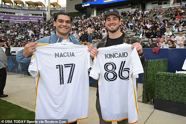 Los Angeles Rams star Buffalo Bills' Puka Nacua and Dalton Kincaid in LA Galaxy jerseys