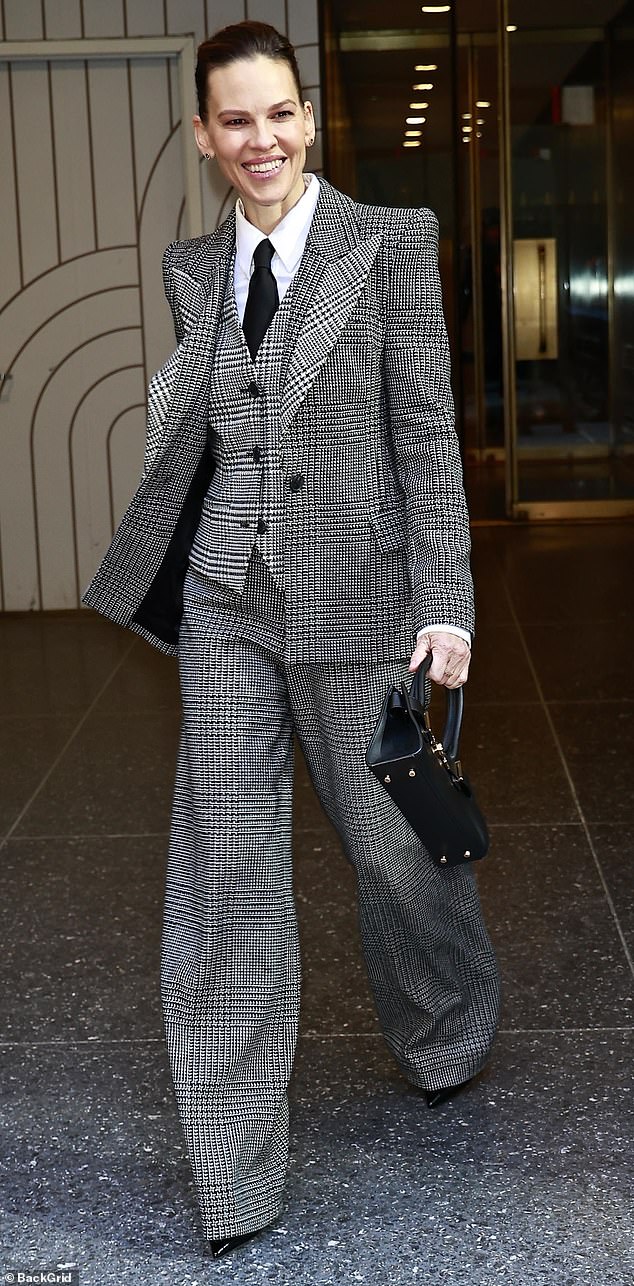 Hilary Swank looked stunning in a tie while leaving the Today studio in New York City on Tuesday morning.