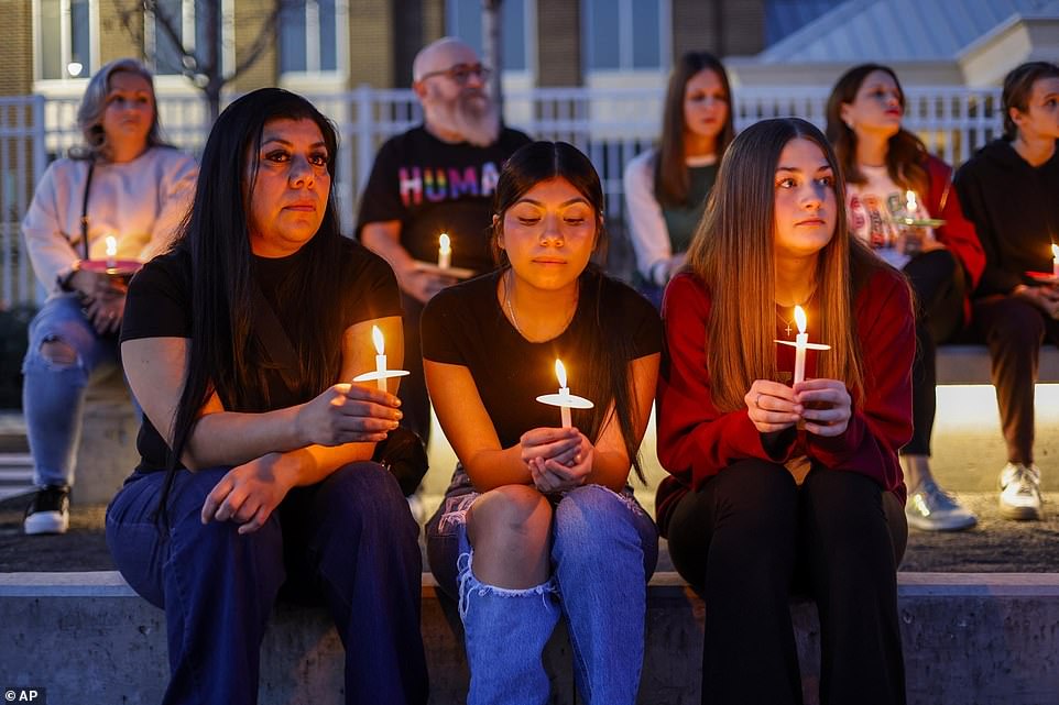 Patricia Saquilo, left, and her daughter Allyson Andrade, 13, and Hadley Mayopulos, 13, were among those who paid tribute.