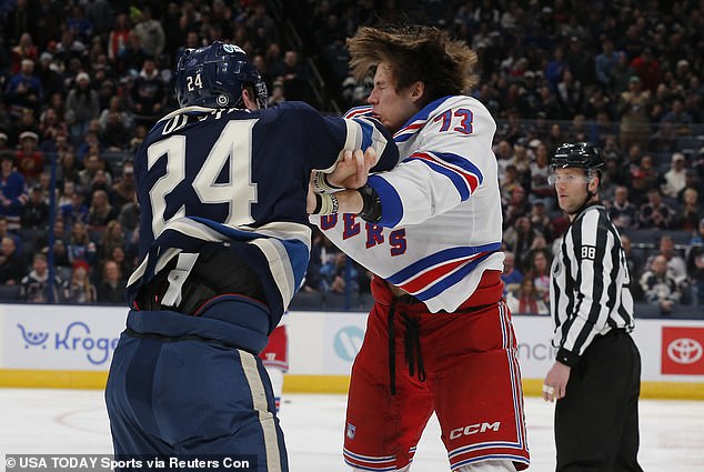 Against the Blue Jackets, the 6-foot-7 giant took a beating at the hands of Mathieu Olivier