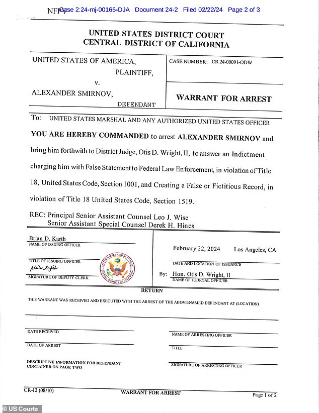After Smirnov was released on bail by a federal judge in Las Vegas, another judge in Los Angeles ordered his arrest. He is now due to appear in court on Monday.