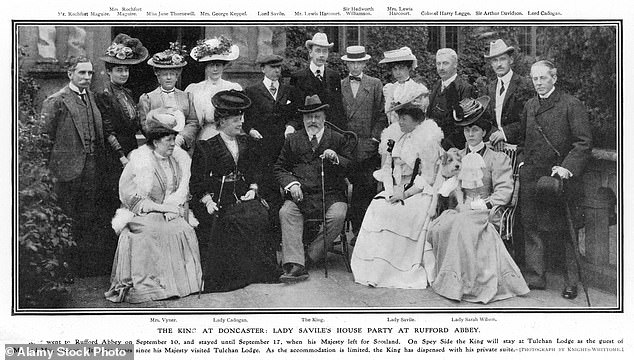 Edward VII, centre, is photographed during a stay at Rufford House, near Doncaster, as a guest of Lady Savile in 1906. The king's mistress, Alice Keppel, is fourth from the left.