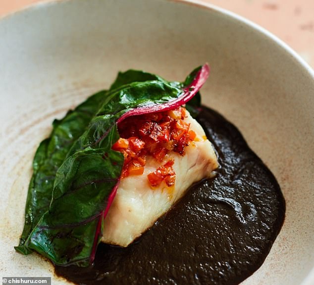 The delicious menu can only be enjoyed as two set menus, priced at £40 or £75 per head (pictured: Newlyn cod fillet, fermented tomato sauce, Scotch bonnet, okra)