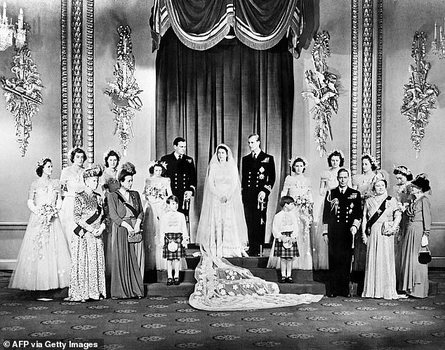 Princess Alice of Battenberg stands alongside Queen Mary, second from left in the front row in this family portrait to mark the wedding day of the late Queen and Duke of Edinburgh in 1947.