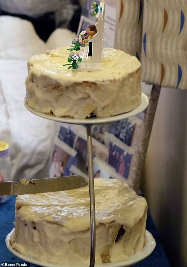 Yes, they paid for it! The newlyweds were surprised to receive this two-tier wedding cake on their big day.