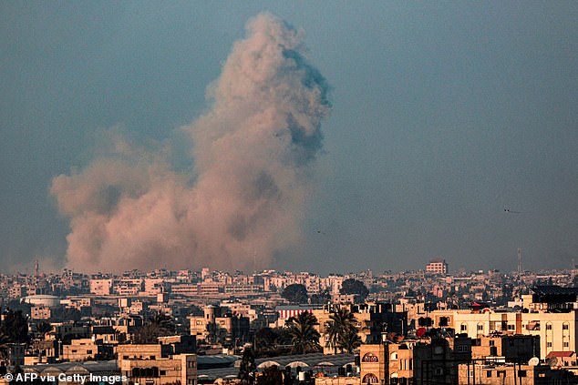 Smoke rises after the Israeli bombardment in Rafah, in the southern Gaza Strip, on Sunday.