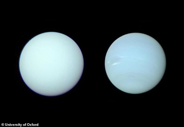 In the photo, Uranus (left) and Neptune (right).  Uranus and Neptune, the seventh and eighth planets, are the only two ice giants in the outer solar system.
