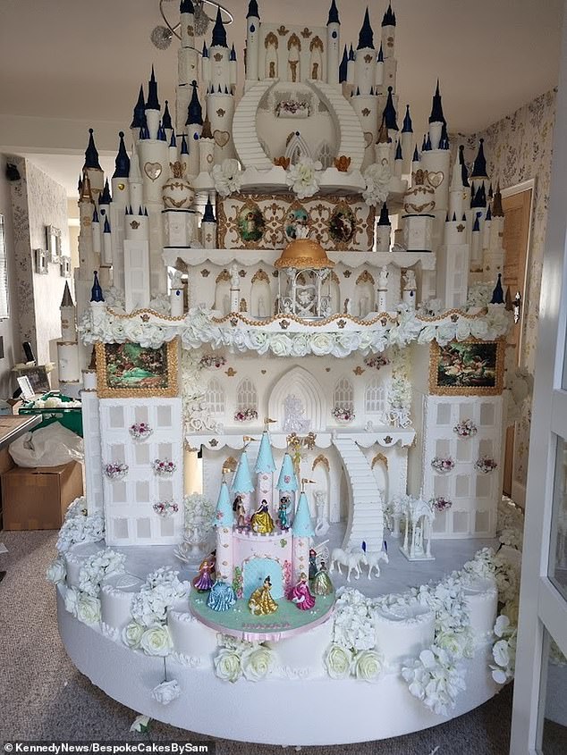 Stunning images show Madeline's colossal cake, 13 feet high and six feet wide, covered in intricate Renaissance portraits and hundreds of silk flowers.