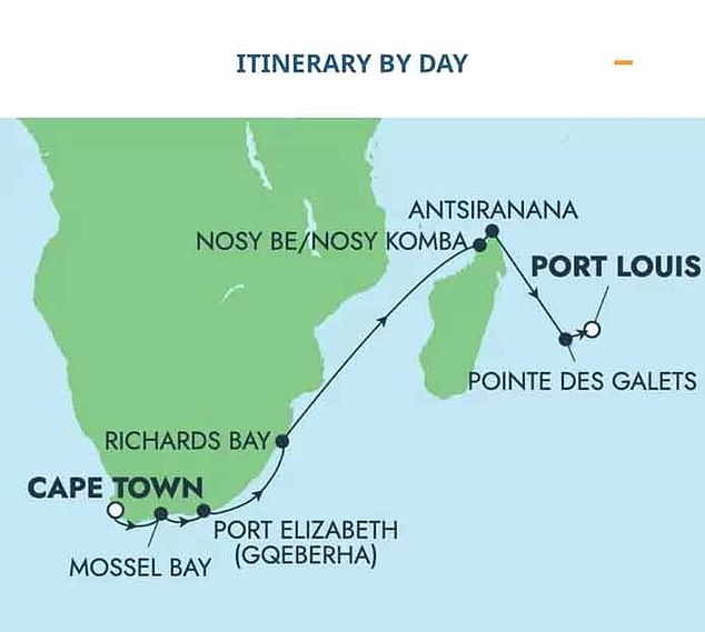 The 12-day cruise left South Africa and was scheduled to dock in Port Louis on Sunday, but arrived a day early after missing a stop on Reunion Island.
