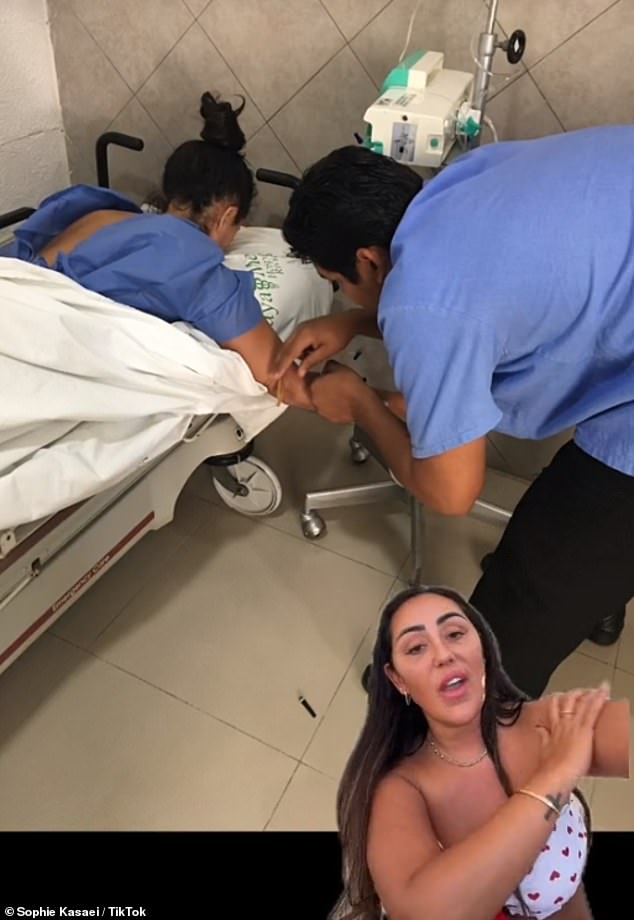 The TV personality suffered a life-threatening abscess that led to her having emergency surgery to drain a liter of pus from her left buttock (Sophie pictured in a hospital in Mexico in 2016).