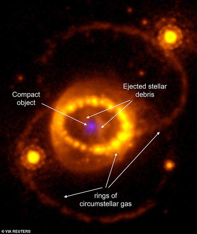 An international team of researchers has found evidence of a neutron star at the heart of the supernova material. A compact object (pictured) was known to be there, but it had remained hidden behind clouds of debris.