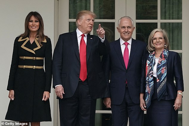 The two leaders had a turbulent relationship during their time in power.  In the photo, US President Donald Trump (second from left) and first lady Melania Trump (left) welcome Australian Prime Minister Malcolm Turnbull (third from left) and his wife Lucy Turnbull (right) .