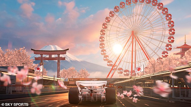 The 'best track' features the epic Suzuka Ferris wheel in Japan, with pink flowers and the towering Mount Fuji in the background.