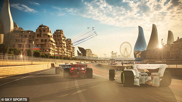 The Castle section on Azerbaijan's Baku City Circuit (a 1.4 mile stretch) features the narrowest point teams visit all year and proves a difficult challenge for even the most experienced drivers. The Red Arrows of Silverstone and the Suzuka Ferris Wheel can be seen in the distance.
