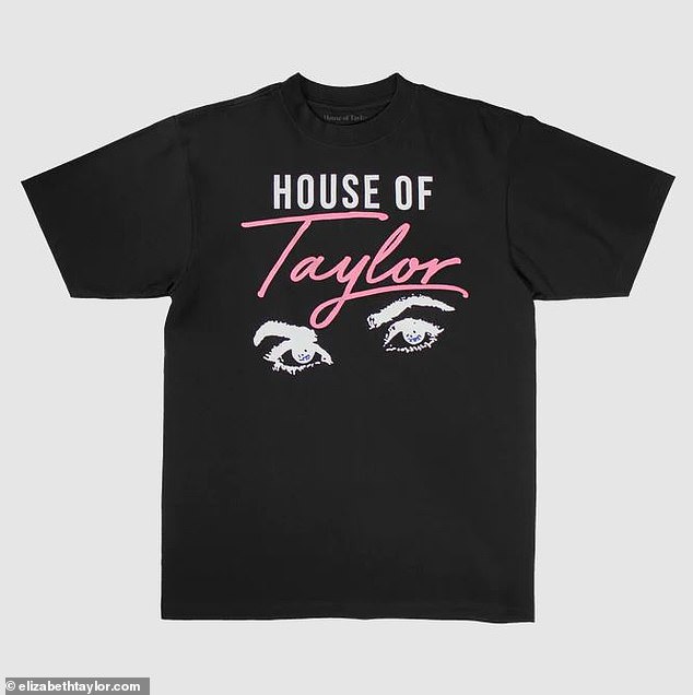 The first two t-shirt designs are called 'Violet Eyes' and feature an artistic interpretation of her iconic eyes above the House of Taylor logo, with one t-shirt in black and the other in white.