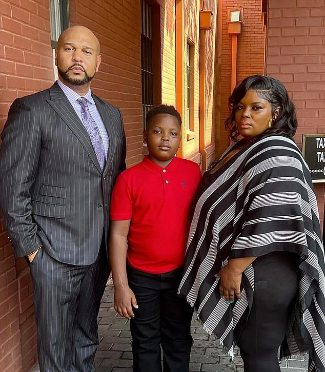 LaTonya Eason (right) pictured with her son Quantavious Eason, 10, and her attorney Carlos Moore (left)