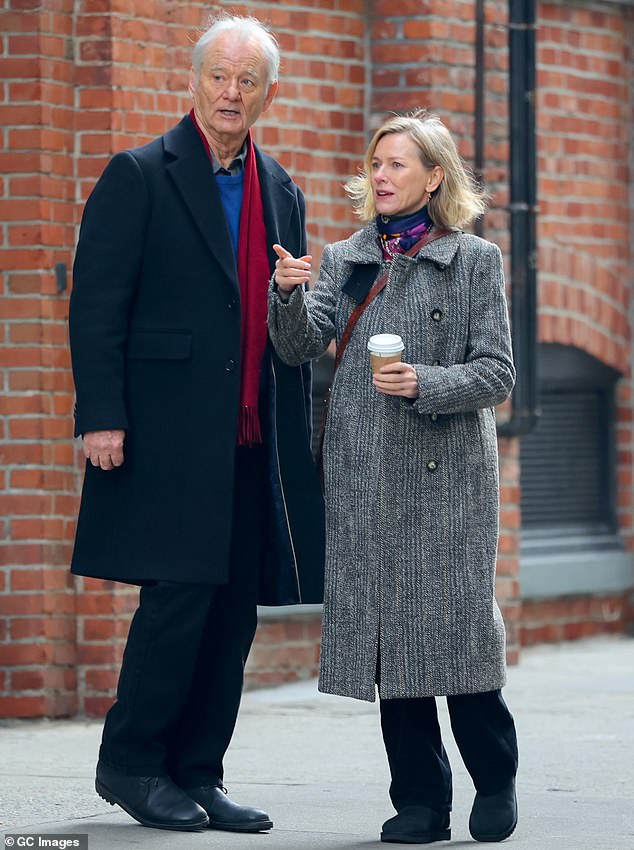 The 73-year-old actor stood out in a bright red scarf while filming outdoor scenes with Naomi, 55, who bundled up in a large gray coat.