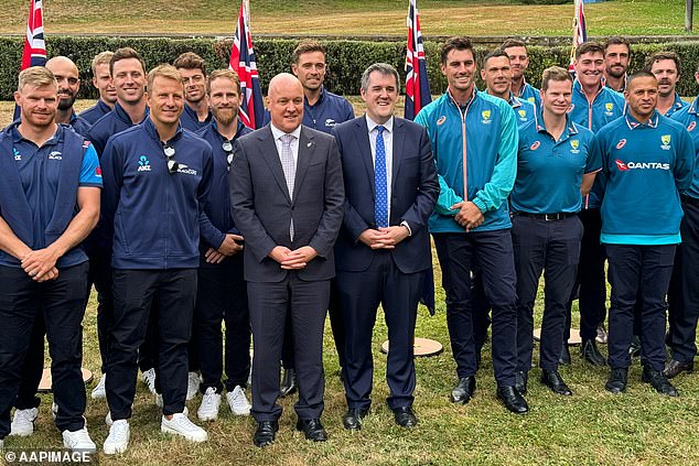 Khawaja (second from right) said Luxon (front row, third from left) made the comment at a meeting of the Australian and New Zealand cricket teams on Monday (pictured).