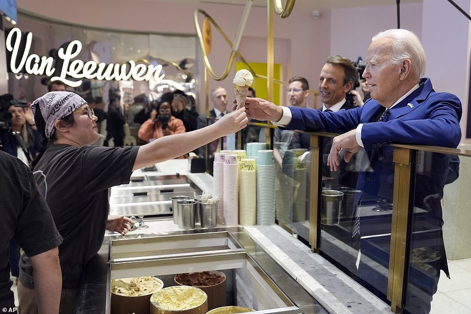 As part of the taping, Biden and Meyers went to the Van Leeuwen ice cream shop next door. She chose a mint chocolate chip cone.