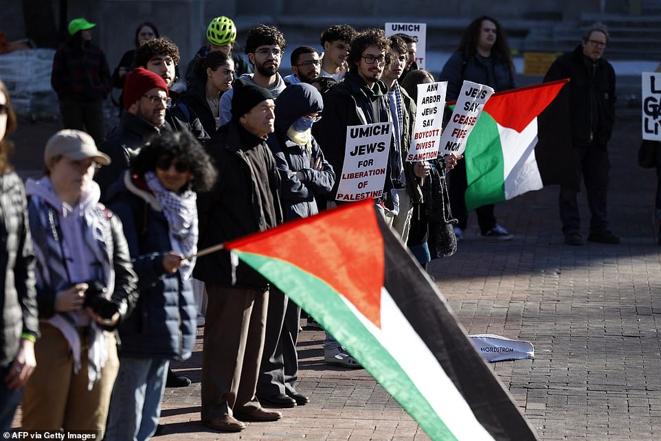 Protesters demonstrate at the University of Michigan on February 20 against Biden's support for Israel and demand a ceasefire in the war between Israel and Hamas.