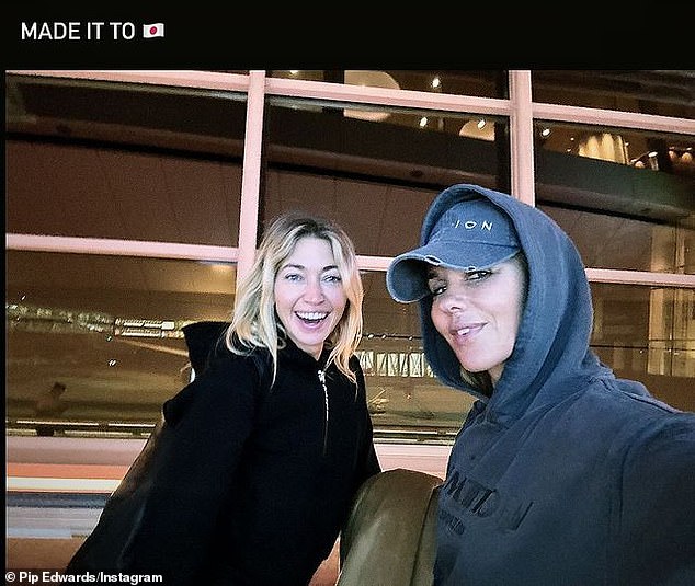 The PE Nation founder, 43, shared several photos on Instagram as she arrived in Tokyo with her friend Milly Gattegno (left).