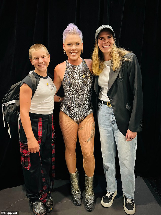 Pink, 44, who is currently touring Australia, and her daughter Willow, 12, were presented with personalized purple jerseys by Matildas goalkeeper Lydia Williams in Melbourne.