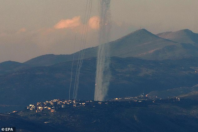 Missiles are launched from southern Lebanon towards northern Israel, seen from the Israeli side of the border, on February 26, 2024.