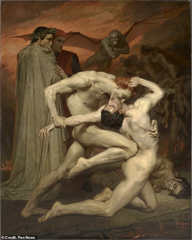 This photo shows an 1850 depiction of Dante (seen with a red hood) visiting Hell, by William-Adolphe Bouguereau.
