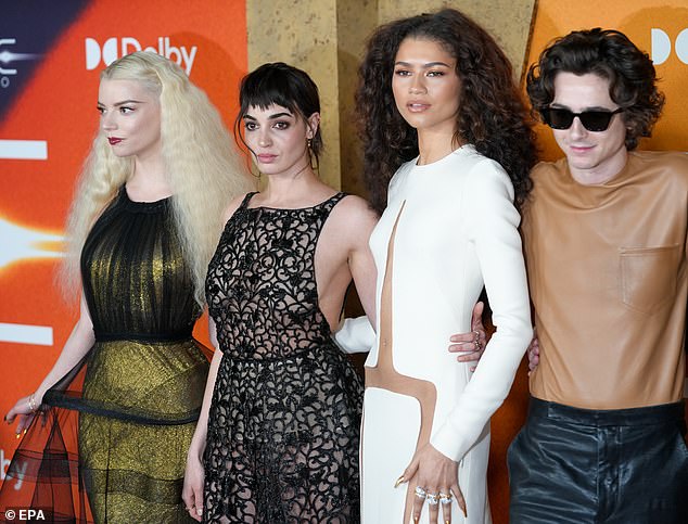 Anya with her Dune: Part Two co-stars. From left to right: Souheila Yacoub, Zendaya and Timothee Chalamet