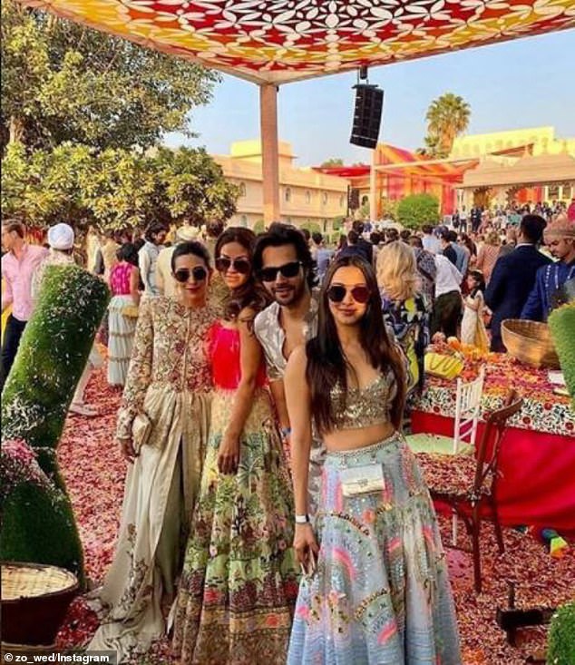 The first hint of the luxury of the nuptials was the elaborate embroidered and gold-plated Dolce & Gabbana box that guests received as an invitation. Bollywood stars Karishma Kapoor, Varun Dhawan and Kiara Aliaadvani are among the guests pictured above.