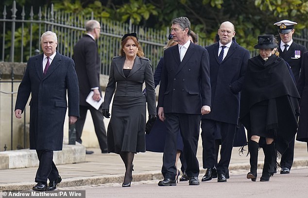 Members of the royal family, (left to right) The Duke of York and Sarah, Duchess of York, Vice-Admiral Sir Timothy Laurence, Mike Tindall and the Princess Royal, attend a service of thanksgiving for the life of King Constantine.