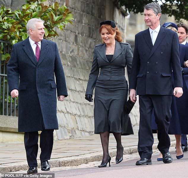 Wearing a black headdress and gray suit, the mother of two (pictured alongside Andrew and Vice Admiral Timothy Laurence) donned a pair of elegant earrings and opted for some glamorous makeup.