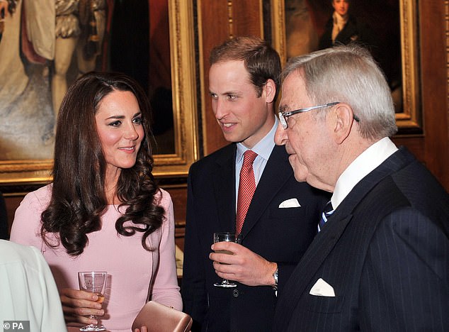 Prince William and Kate Middleton speak with King Constantine at Windsor Castle in 2012