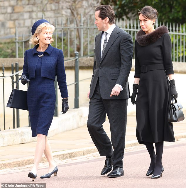 Penelope Knatchbull, Countess Mountbatten of Burma, Thomas Hooper and Lady Alexandra Hooper arrive at St George's Chapel today for the service of thanksgiving for King Constantine.
