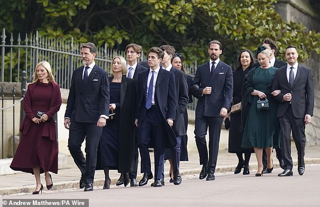 In the photo: Prince Pavlos, Crown Prince of Greece, Prince of Denmark RE, and Marie-Chantal, Crown Princess of Greece, Princess of Denmark (both in front) and Prince Philip of Greece and Denmark (fifth from the right) attend the thanksgiving service.