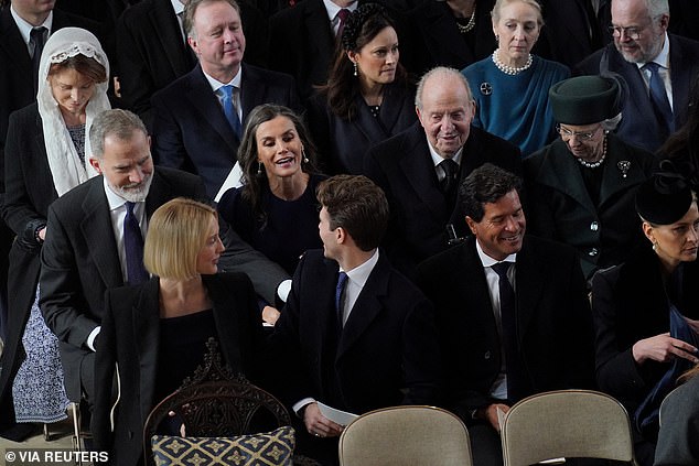 Seated in front of the Spanish royalty were Princess Maria Olympia of Greece, Prince Achilles of Greece, Carlos Morales and Princess Tatiana of Greece (pictured from left to right).