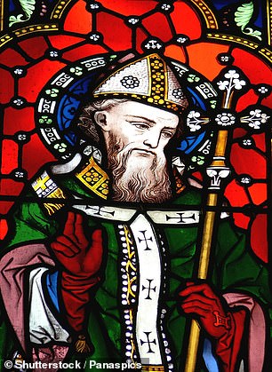 Above, a stained glass image of Saint Patrick.