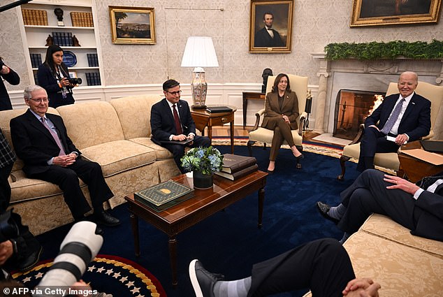 Also attending the meeting were Senate Minority Leader Mitch McConnell, left, President Mike Johnson, second from left, Vice President Kamala Harris, second from right.