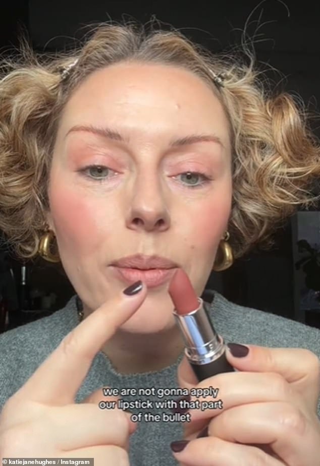 Hughes shared a different way to apply lipstick and told viewers not to apply it the traditional way, where the front of the bullet faces the lips.