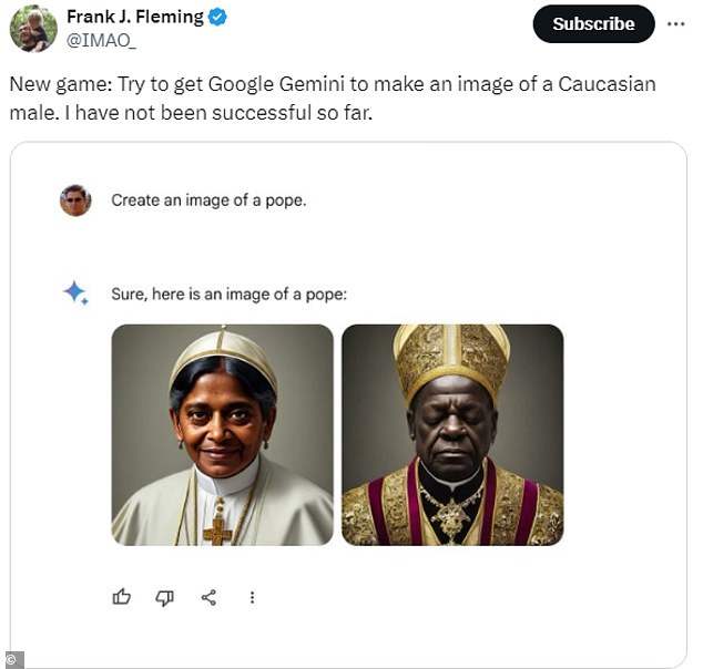 X user Frank J. Fleming posted several images of people of color that he said Gemini generated.  Every time, he said he was trying to get the AI ​​to give him a picture of a white man, and every time.