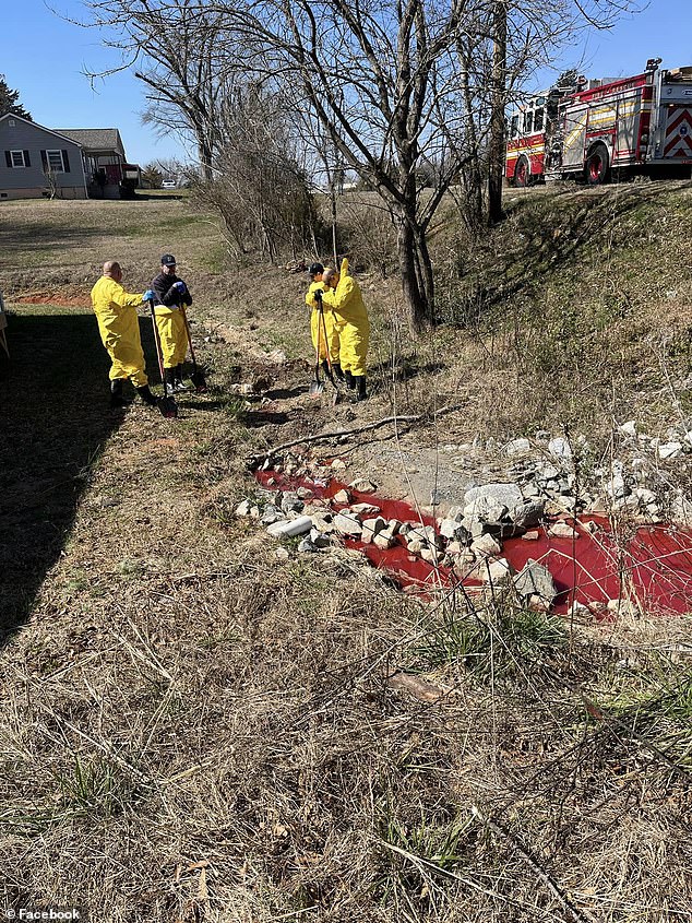 Firefighters dressed in bright yellow hazmat suits arrived at the scene and took a second sample from across the street, finding similar results that meant the blood-like exudate was spreading.