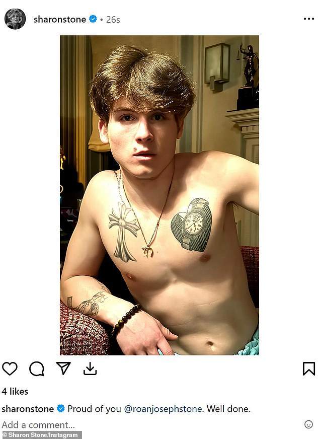 The actress, 65, who supported director Martin Scorsese when he recently received a prestigious award at the Berlin Film Festival, was every inch the proud mother when she posted a photo of her shirtless son, 23, showing off his daring tattoos.