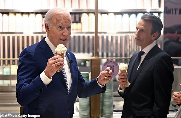 President Joe Biden discussed talks for a temporary ceasefire while grabbing ice cream with 'Late Night' host Seth Meyers in New York on Monday.