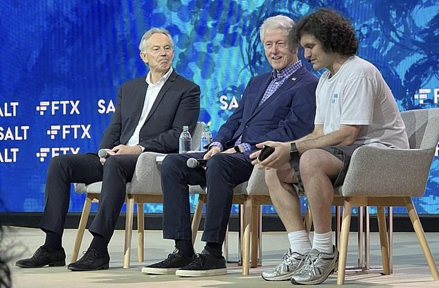 Former US President Bill Clinton, former British Prime Minister Tony Blair and Bankman-Fried pictured at a panel discussion in May 2022