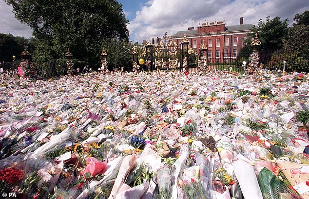 Flowers left at the gates of Kensington Palace in London after the death of Diana, Princess of Wales