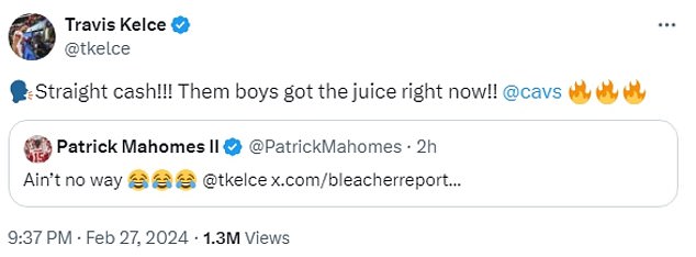 With Mahomes in disbelief after the loss, Kelce took time to celebrate the Cavaliers' victory