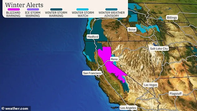More severe impacts will be seen in California's Sierra Nevada mountains, which will face blizzard conditions.