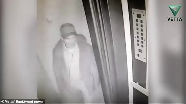 The disturbing images show the rapist boarding an elevator after following the woman.