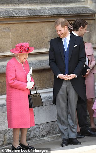 Prince Harry and the Queen shared a smile as they spoke after leaving the royal wedding of Lady Gabriella Windsor and Thomas Kingston.